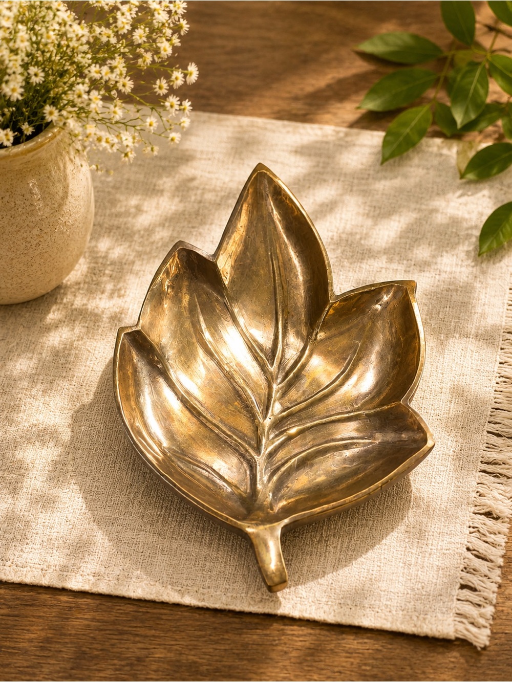 Decorative Brass Leaf Serving Tray - Gold